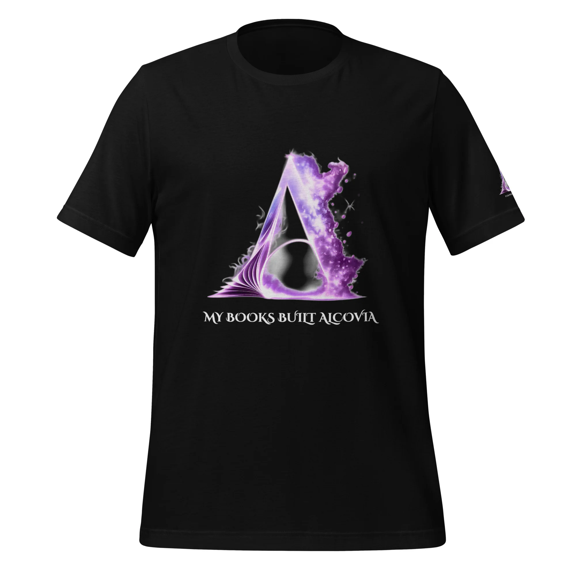 Alcovia Founding Author t-shirt — black tee with Alcovia logo and My Books Built Alcovia text