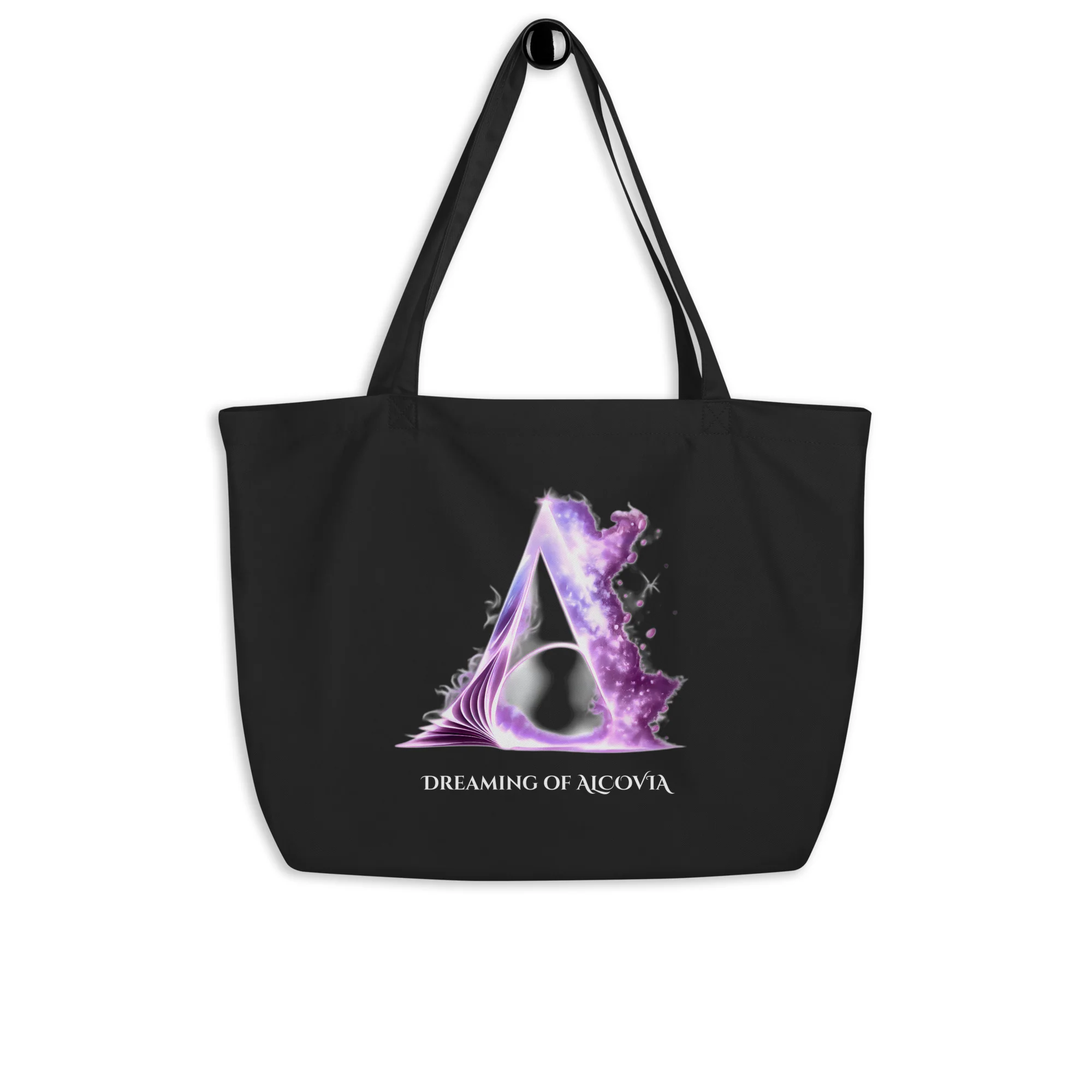 Alcovia Founding tote bag — black canvas tote with Alcovia logo and Dreaming of Alcovia text